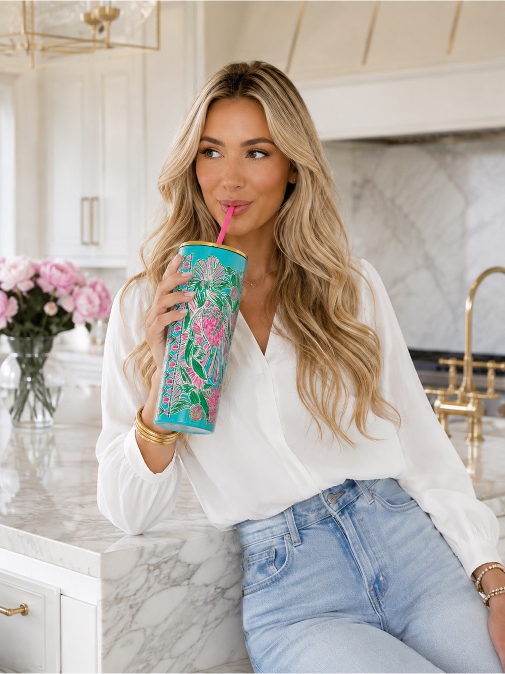 Lilly Pulitzer Coming in Hot 24oz Tumbler Cup Straw Floral NWOT
